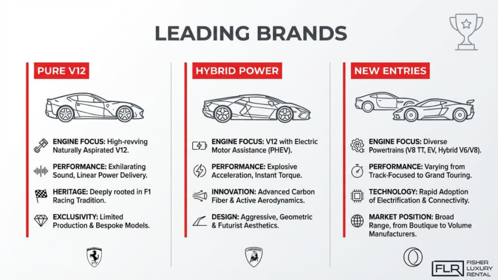 Comparison of leading supercar brands featuring V12 engines, hybrid power systems, and new performance car entries with evolving technologies
