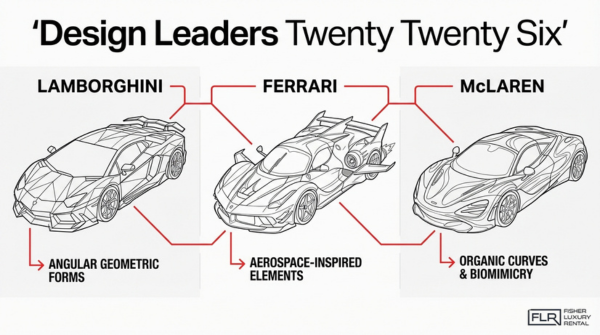 Luxury supercar design comparison featuring Lamborghini, Ferrari, and McLaren showcasing angular geometry, aerospace styling, and organic curves
