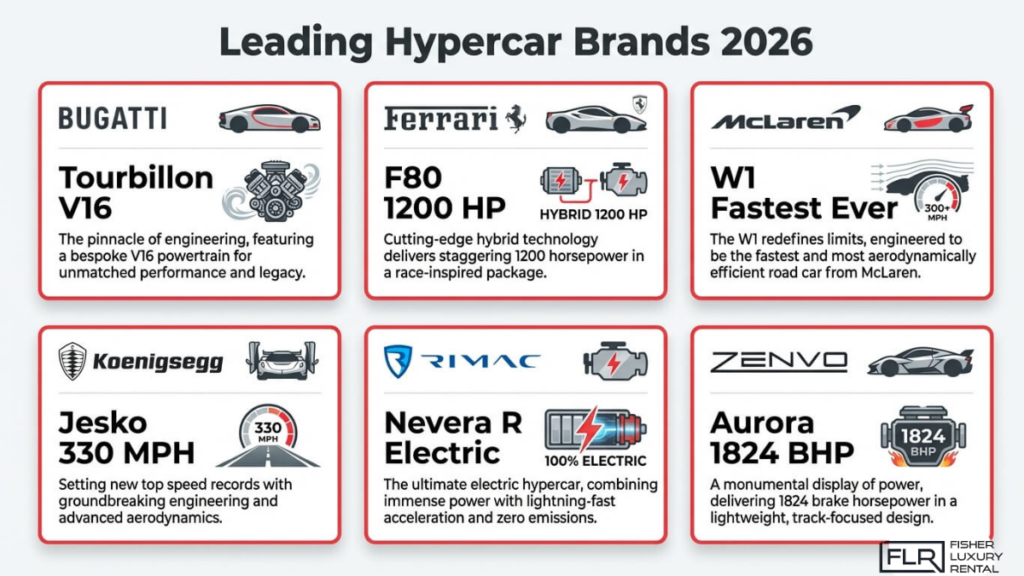 Top hypercar brands 2026 including Bugatti Ferrari McLaren Koenigsegg Rimac and Zenvo with flagship models and specs