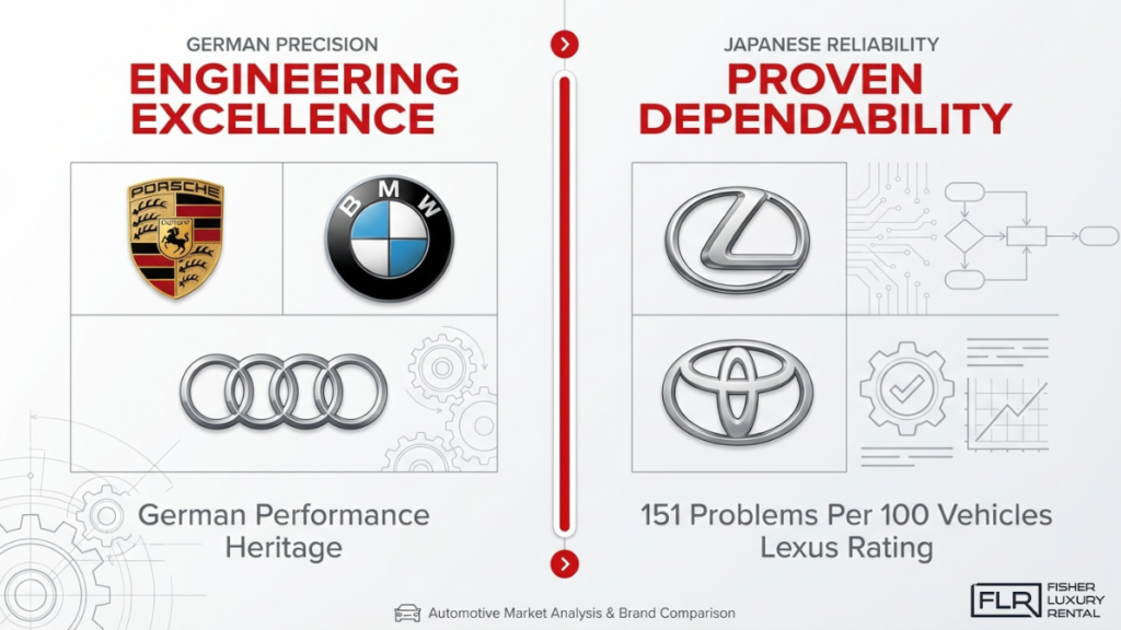 German vs Japanese car brands comparison highlighting engineering excellence of Porsche, BMW, Audi vs reliability of Lexus and Toyota