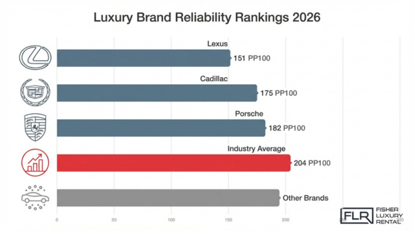 Luxury car reliability rankings 2026 comparing Lexus, Cadillac, Porsche, and industry averages based on PP100 reliability scores