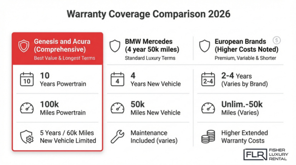 Luxury car warranty comparison 2026 highlighting Genesis, Acura, BMW, Mercedes, and European brands with coverage terms, mileage limits, and maintenance details