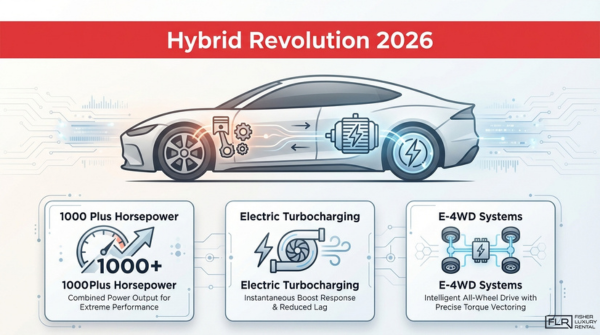 Hybrid sports car technology 2026 featuring electric turbocharging, E-AWD systems, and 1000+ horsepower performance innovations