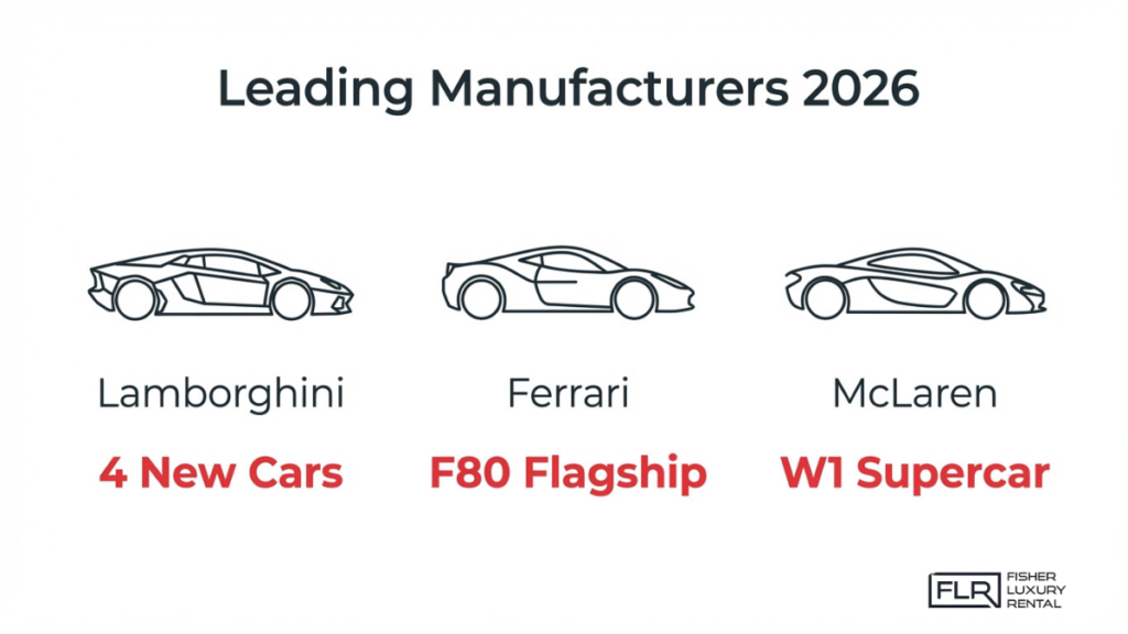 Top supercar manufacturers 2026 including Lamborghini, Ferrari, and McLaren with latest flagship and new model highlights