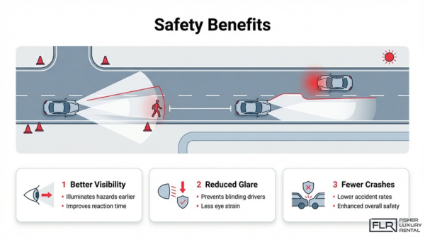 Matrix LED headlight safety benefits illustration showing improved visibility, reduced glare, and enhanced nighttime driving safety for modern vehicles