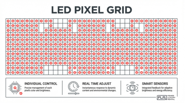 Matrix LED pixel grid diagram illustrating individual light control, real-time adjustment, and smart sensor integration in advanced automotive lighting systems