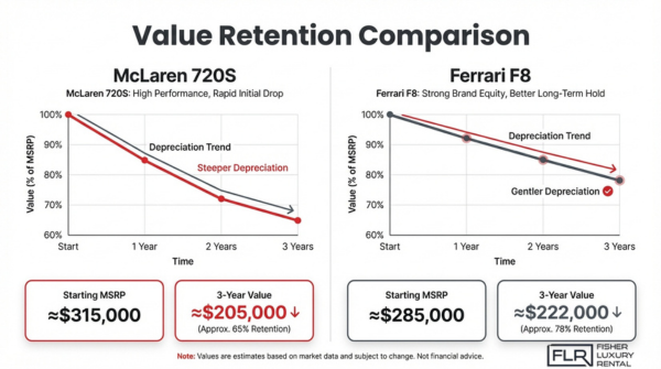 McLaren 720S vs Ferrari F8 depreciation chart comparing value retention, resale price, and three-year performance trends