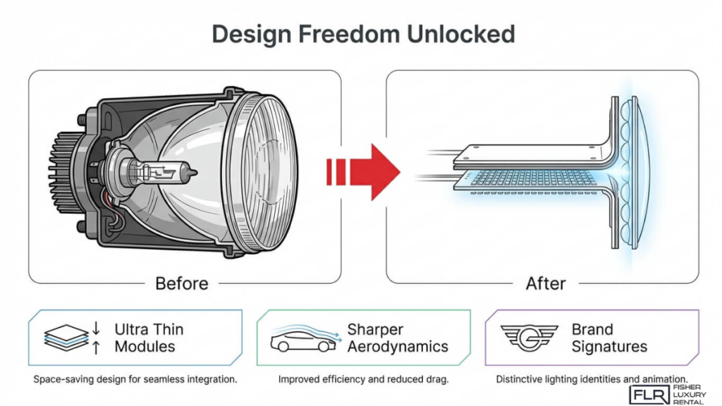 Car headlight design evolution showing traditional bulky lamp vs ultra-thin LED module with improved aerodynamics