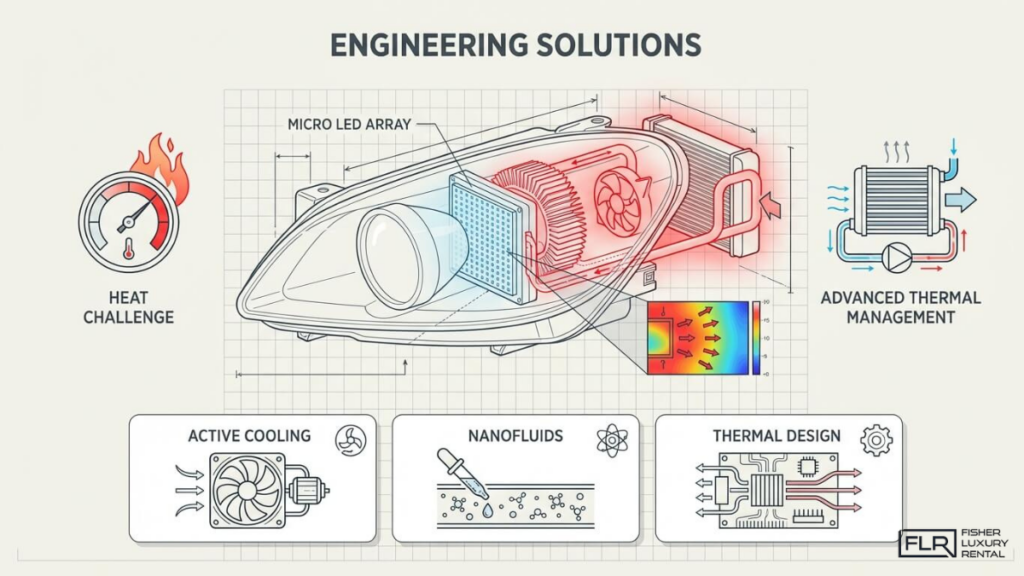 Automotive LED headlight engineering diagram showing micro LED array, cooling systems, and thermal management technology