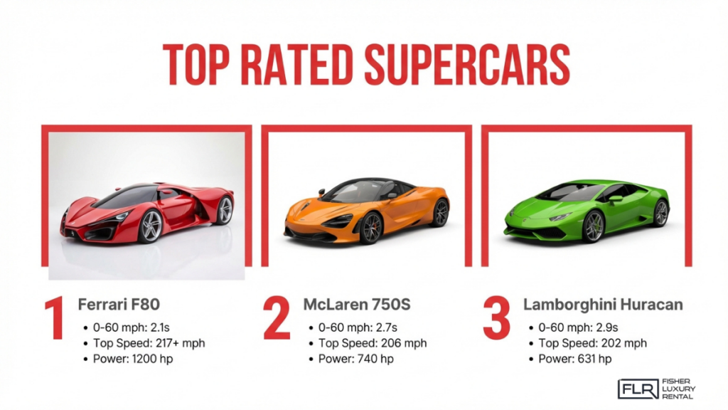 Top rated supercars lineup featuring Ferrari F80, McLaren 750S, and Lamborghini Huracan with performance specs and rankings