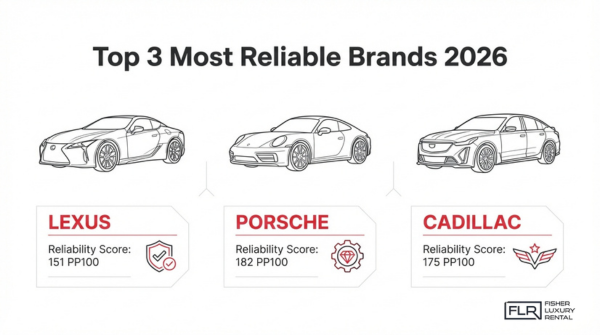 Top 3 most reliable luxury car brands 2026 featuring Lexus, Porsche, and Cadillac with reliability scores and premium performance vehicles