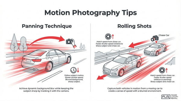 Car motion photography techniques infographic showing panning and rolling shots to capture speed and dynamic movement