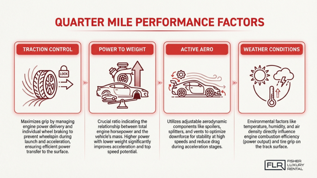 Quarter mile performance factors diagram highlighting traction control, power-to-weight ratio, active aerodynamics, and weather conditions impact