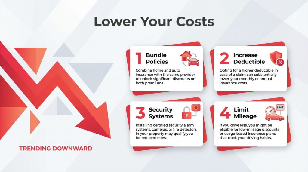 A four-step visual guide showing how to lower exotic car insurance costs by bundling policies, increasing deductibles, adding security systems, and limiting mileage.