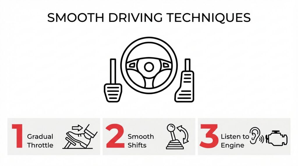 Infographic illustrating three smooth driving techniques: 1. Gradual Throttle, 2. Smooth Shifts, and 3. Listen to Engine, featuring minimal icons of a steering wheel, pedals, gear shifter, and engine.