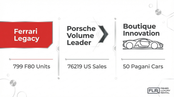 Luxury sports car brand positioning with Ferrari legacy production, Porsche volume leadership, and Pagani boutique innovation