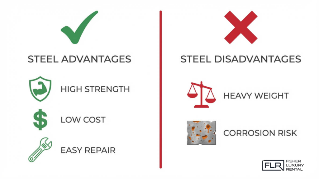 Steel material advantages and disadvantages in automotive design highlighting strength, low cost, repair ease, weight, and corrosion risk