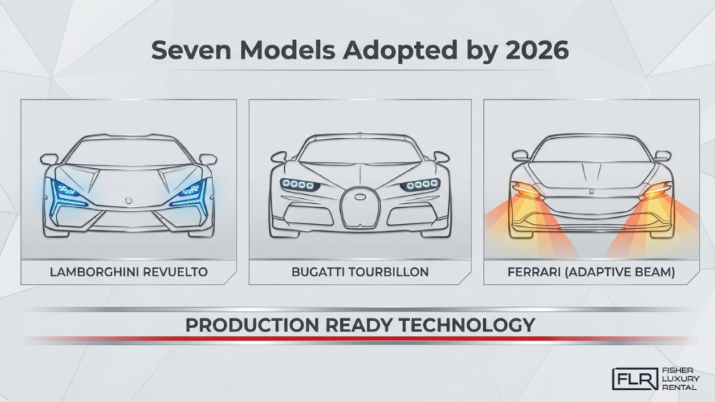Luxury car brands Lamborghini, Bugatti, and Ferrari showcasing advanced LED lighting technology in modern hypercars