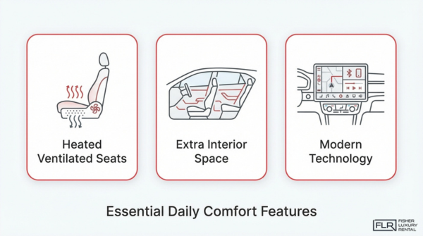 Luxury car comfort features including heated ventilated seats, spacious interiors, and modern infotainment technology for daily driving