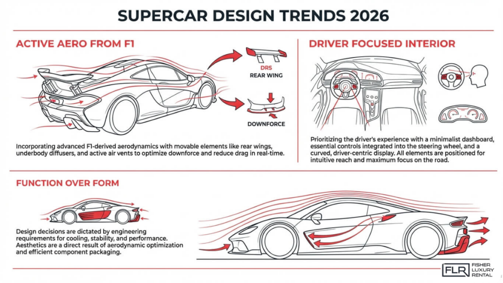 Future supercar design trends 2026 featuring active aerodynamics driver focused interior and performance driven styling
