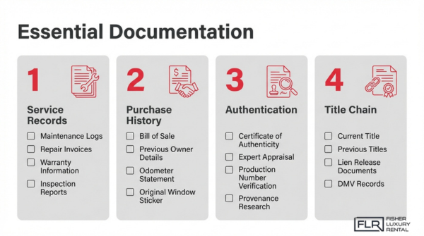 Essential documentation checklist for buying a luxury or supercar including service records, ownership history, authentication, and title verification