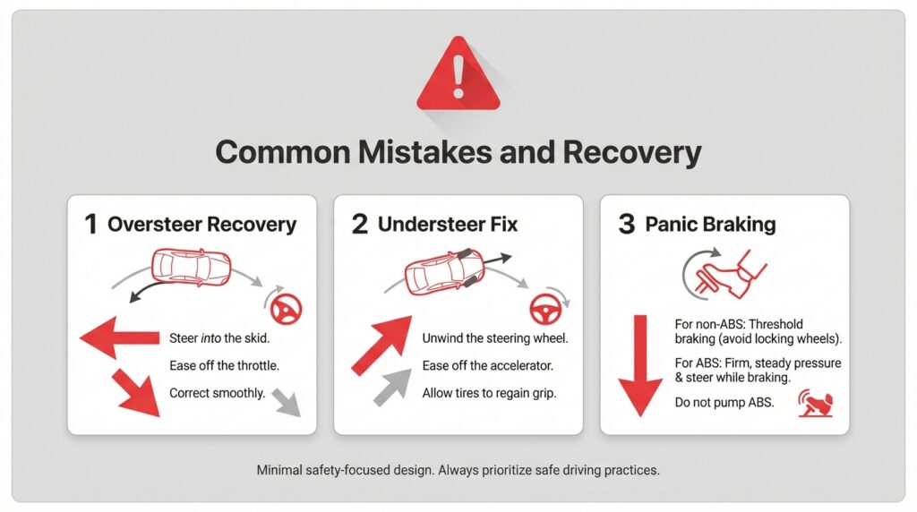 Infographic titled 'Common Mistakes and Recovery' detailing three driving safety techniques: 1. Oversteer Recovery (steer into the skid and ease off throttle), 2. Understeer Fix (unwind the steering wheel and ease off accelerator), and 3. Panic Braking instructions for both ABS and non-ABS vehicles.