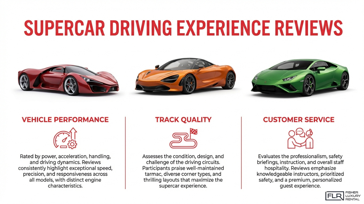 Supercar driving experience review showing vehicle performance, track quality, and customer service insights for exotic car rentals