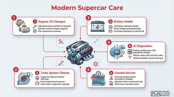 Modern supercar maintenance infographic showing oil changes, turbo checks, coolant service, battery health, and AI diagnostics for high-performance vehicles