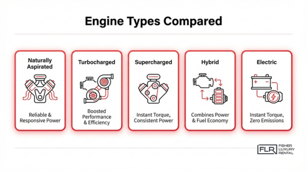 Comparison of supercar engine types including naturally aspirated, turbocharged, supercharged, hybrid, and electric powertrains