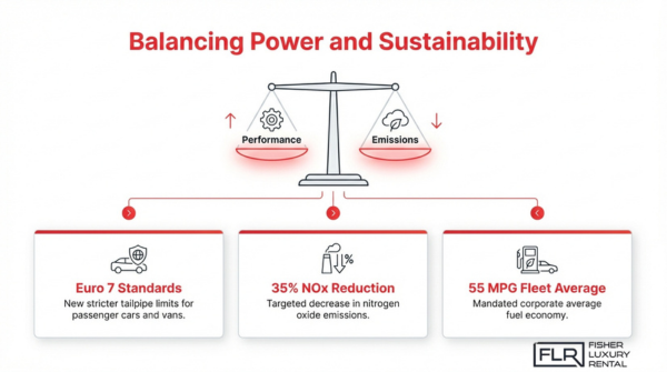 Supercar sustainability infographic balancing performance and emissions with Euro 7 standards, NOx reduction, and improved fuel efficiency