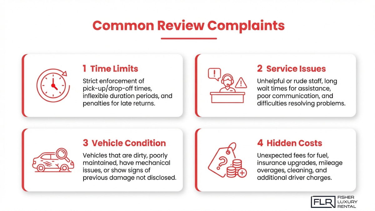 Common exotic car rental complaints infographic highlighting time limits, service issues, vehicle condition problems, and hidden costs