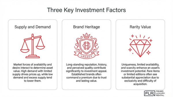 Key factors driving supercar investment value including supply and demand, brand heritage, and rarity value explained visually
