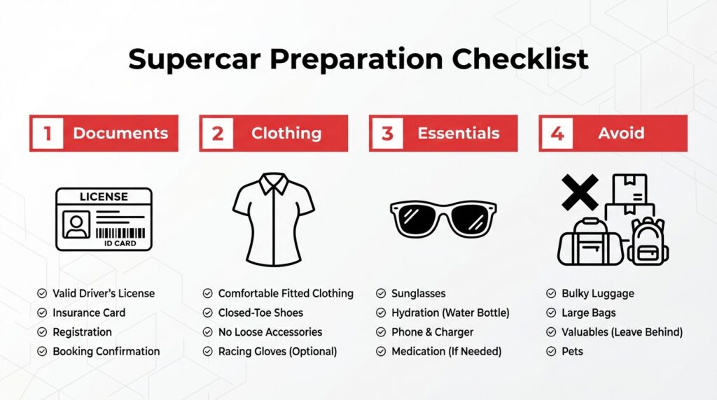 Supercar preparation checklist infographic detailing four key categories: required documents like a driver's license, recommended clothing like closed-toe shoes, driving essentials like sunglasses, and things to avoid bringing such as bulky luggage.
