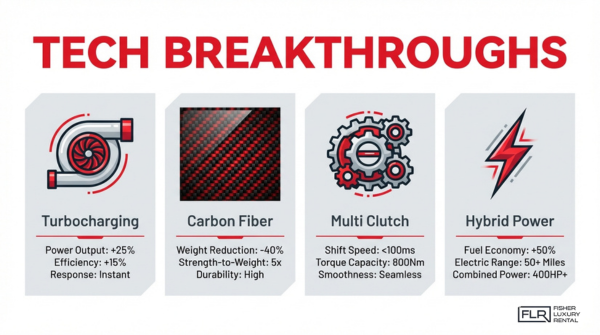 Supercar technology advancements featuring turbocharging, carbon fiber construction, dual clutch transmission, and hybrid power systems for high performance