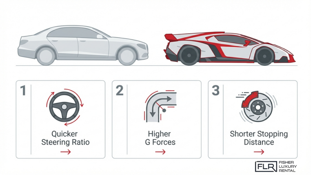 Sedan vs supercar performance comparison showing quicker steering, higher G forces, and shorter braking distance benefits