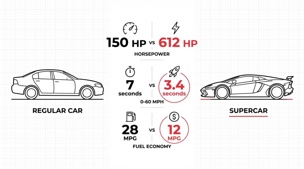 Infographic comparing the performance of a regular car versus a supercar. The regular car features 150 horsepower, a 0-60 mph time of 7 seconds, and 28 MPG. The supercar features 612 horsepower, a 0-60 mph time of 3.4 seconds, and 12 MPG