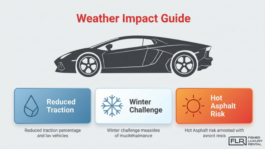 Sports car weather impact guide showing reduced traction, winter driving challenges, and hot asphalt performance risks