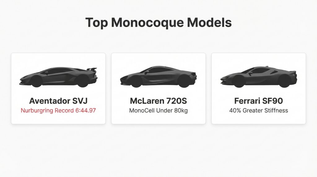 A visual list of top carbon fiber monocoque supercar models, highlighting the Aventador SVJ, McLaren 720S, and Ferrari SF90 alongside key performance stats.