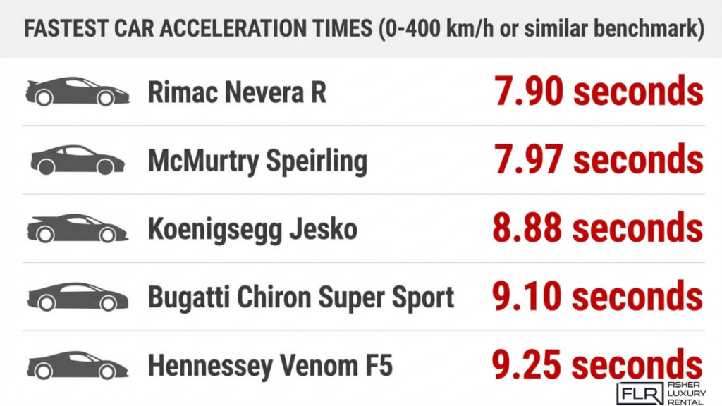 Fastest hypercar acceleration times list featuring Rimac Nevera R, McMurtry Speirling, Koenigsegg Jesko, and Bugatti Chiron Super Sport