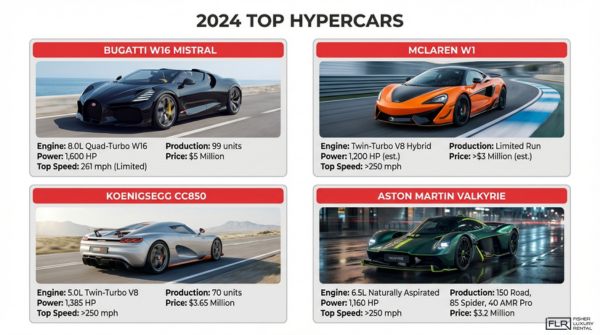 Top hypercars 2024 lineup featuring Bugatti Mistral, McLaren W1, Koenigsegg CC850, and Aston Martin Valkyrie with performance specs and pricing