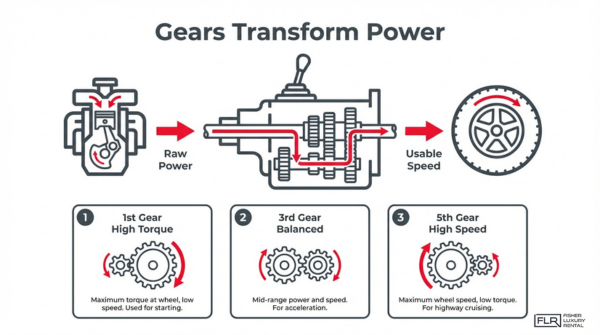 How car gears work infographic showing torque to speed conversion with first gear torque, third gear balance, and fifth gear high speed performance