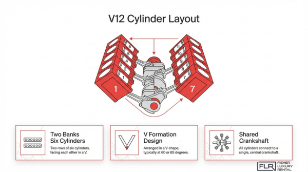 V12 engine cylinder layout diagram showing two banks of six cylinders in V formation with shared crankshaft design