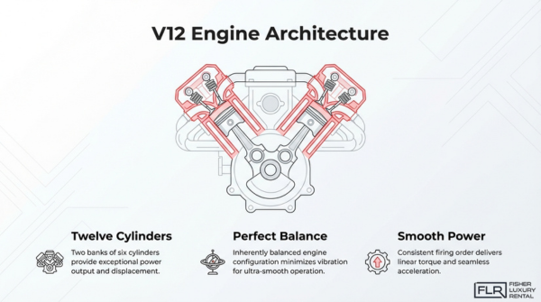 V12 engine architecture illustrating twelve-cylinder configuration, balanced operation, and smooth high-performance power delivery