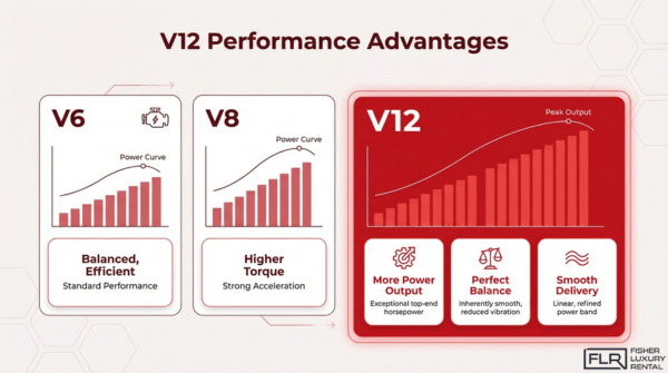 V12 engine performance advantages compared to V6 and V8 showing higher power output, smoother delivery, and better balance