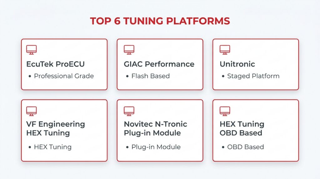 Infographics of The best Lamborghini ECU tuning software options in 2026 include platforms ranging from plug-and-play modules to full custom flash solutions.