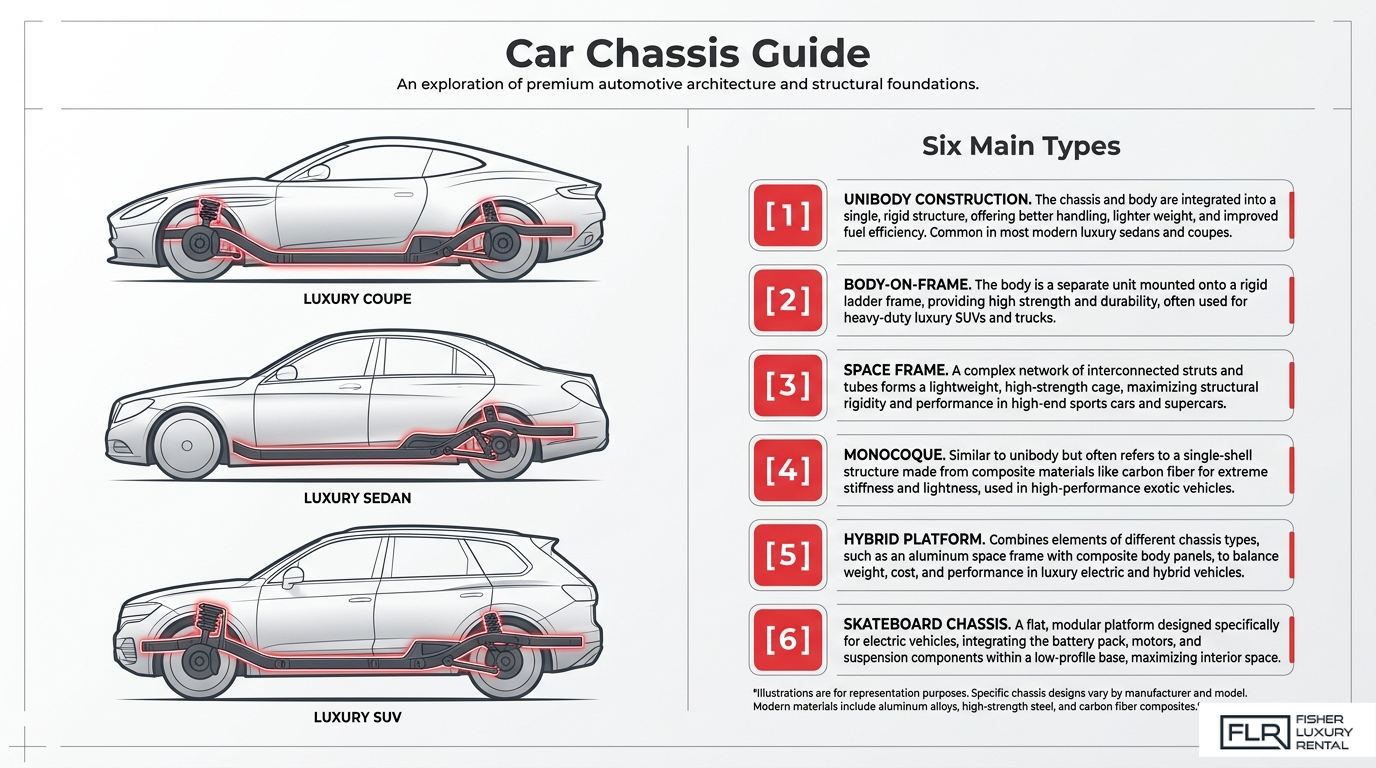 Car chassis guide infographic comparing luxury coupe, sedan, and SUV chassis layouts with six main automotive chassis types