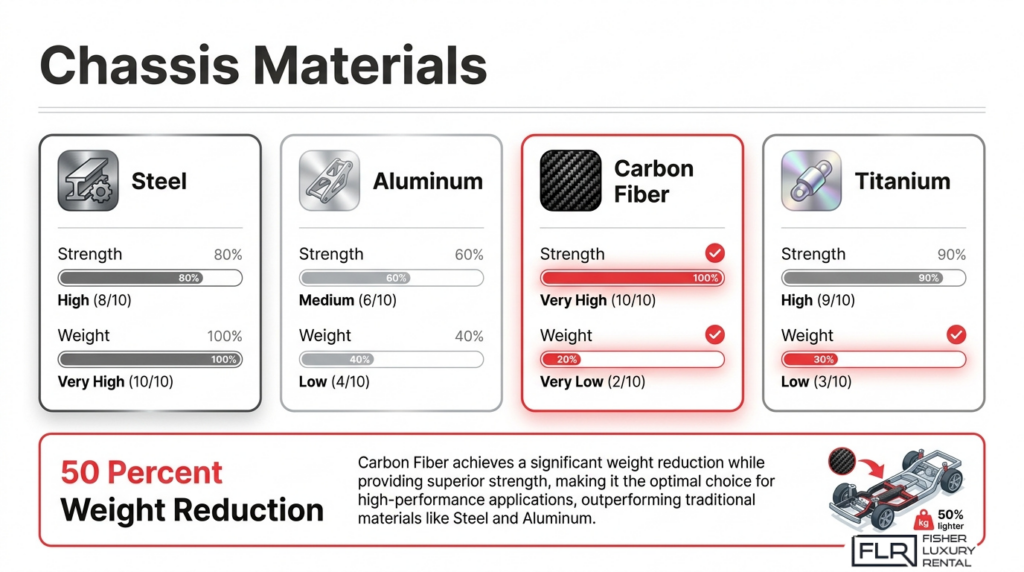 Automotive chassis materials comparison chart showing steel, aluminum, carbon fiber, and titanium strength and weight ratings.