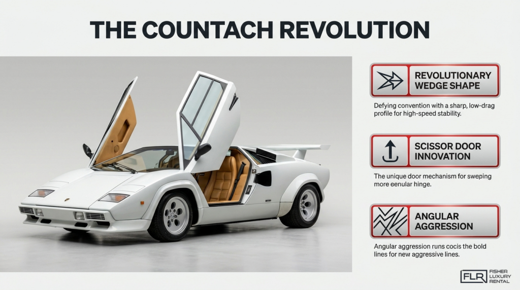 The Countach redefined supercar design by replacing the organic curves of 1960s Italian coachbuilding with an extreme wedge silhouette, scissor doors, and a visual aggression that no production car had previously attempted. The sections below cover the wedge shape's impact, the origin of scissor doors, and the Countach's aerodynamic approach.