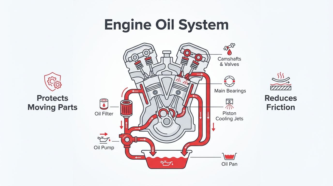 feature image of An engine oil system is the network of components that stores, pressurizes, filters, and circulates oil throughout an engine to protect its moving parts from friction, heat, and corrosion.