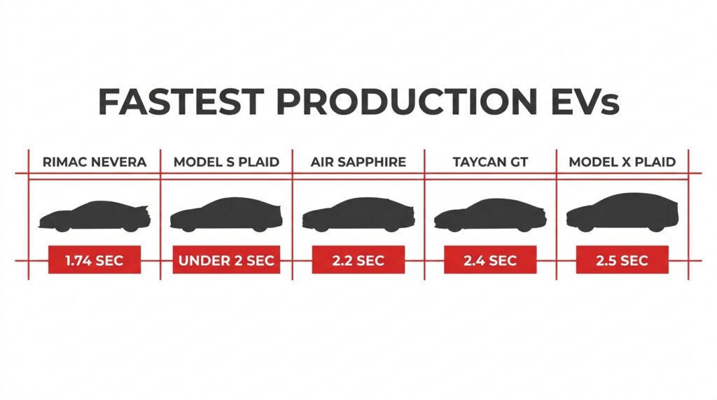 Infographics of showing the chart of fastest electric cars comparison